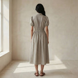 Beige Cotton Linen Button-Down Midi Shirt Dress