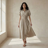 Beige Cotton Linen Button-Down Midi Shirt Dress