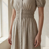 Beige Cotton Linen Button-Down Midi Shirt Dress