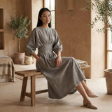 Beige Cotton-Linen Cinched Waist Flared Maxi Dress