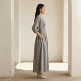 Beige Cotton-Linen Cinched Waist Flared Maxi Dress