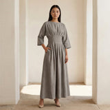 Beige Cotton-Linen Cinched Waist Flared Maxi Dress