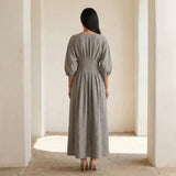 Beige Cotton-Linen Cinched Waist Flared Maxi Dress