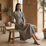 Beige Cotton-Linen Cinched Waist Flared Maxi Dress
