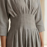 Beige Cotton-Linen Cinched Waist Flared Maxi Dress