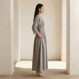 Beige Cotton-Linen Cinched Waist Flared Maxi Dress