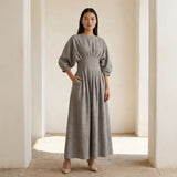 Beige Cotton-Linen Cinched Waist Flared Maxi Dress