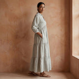 Beige Cotton Linen Deep-V Maxi Tier Dress