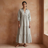 Beige Cotton Linen Deep-V Maxi Tier Dress