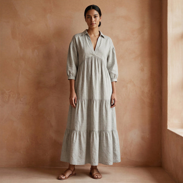 Beige Cotton Linen Deep-V Maxi Tier Dress 56