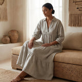 Beige Cotton Linen Deep-V Maxi Tier Dress