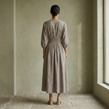 Beige Cotton-Linen Deep-V Neck Empire Waist Maxi Dress