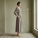 Beige Cotton-Linen Deep-V Neck Empire Waist Maxi Dress