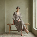 Beige Cotton-Linen Deep-V Neck Empire Waist Maxi Dress