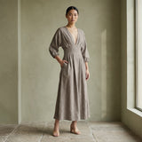 Beige Cotton-Linen Deep-V Neck Empire Waist Maxi Dress