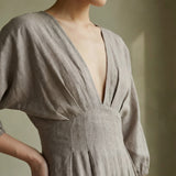 Beige Cotton-Linen Deep-V Neck Empire Waist Maxi Dress