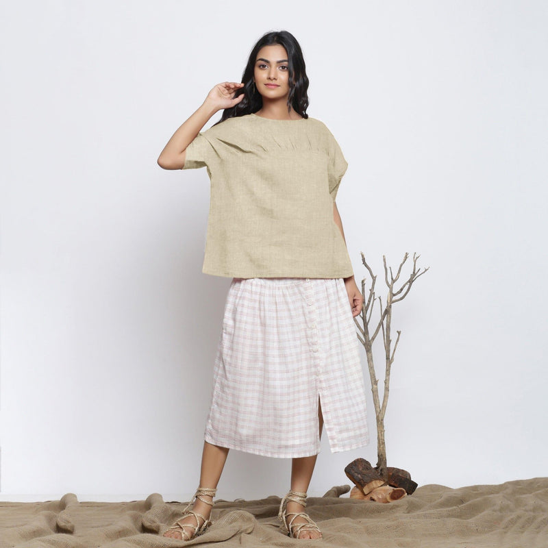 Beige Cotton Linen Drop Shoulder Sleeves Yoked Top