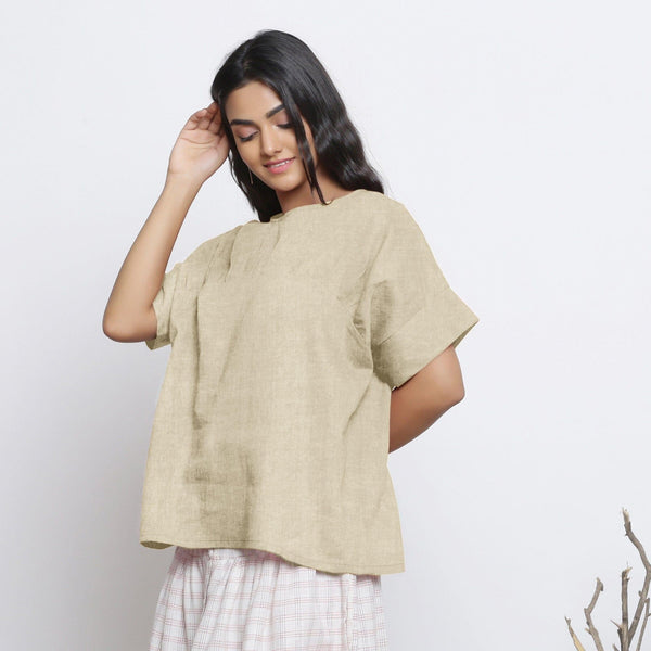 Beige Cotton Linen Drop Shoulder Sleeves Yoked Top
