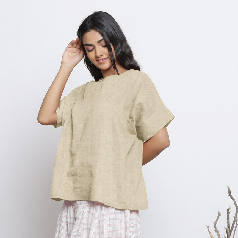 Beige Cotton Linen Drop Shoulder Sleeves Yoked Top
