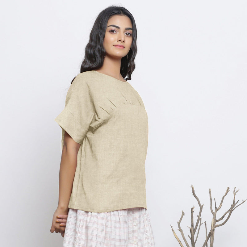 Beige Cotton Linen Drop Shoulder Sleeves Yoked Top