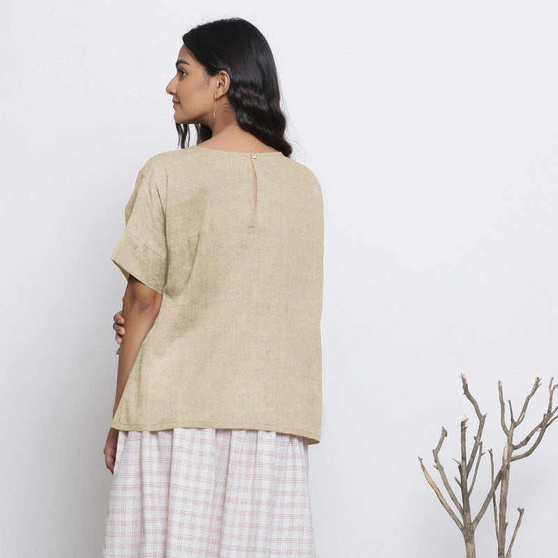 Beige Cotton Linen Drop Shoulder Sleeves Yoked Top