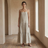 Beige Cotton Linen Drop-Waist Camisole Maxi Tier Dress