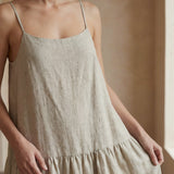 Beige Cotton Linen Drop-Waist Camisole Maxi Tier Dress
