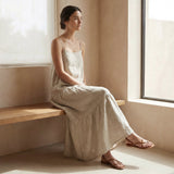 Beige Cotton Linen Drop-Waist Camisole Maxi Tier Dress