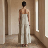 Beige Cotton Linen Drop-Waist Camisole Maxi Tier Dress