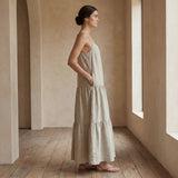 Beige Cotton Linen Drop-Waist Camisole Maxi Tier Dress