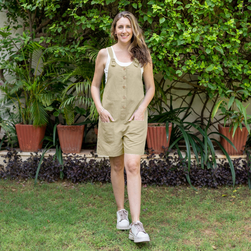 Beige Cotton Linen Dungaree Playsuit