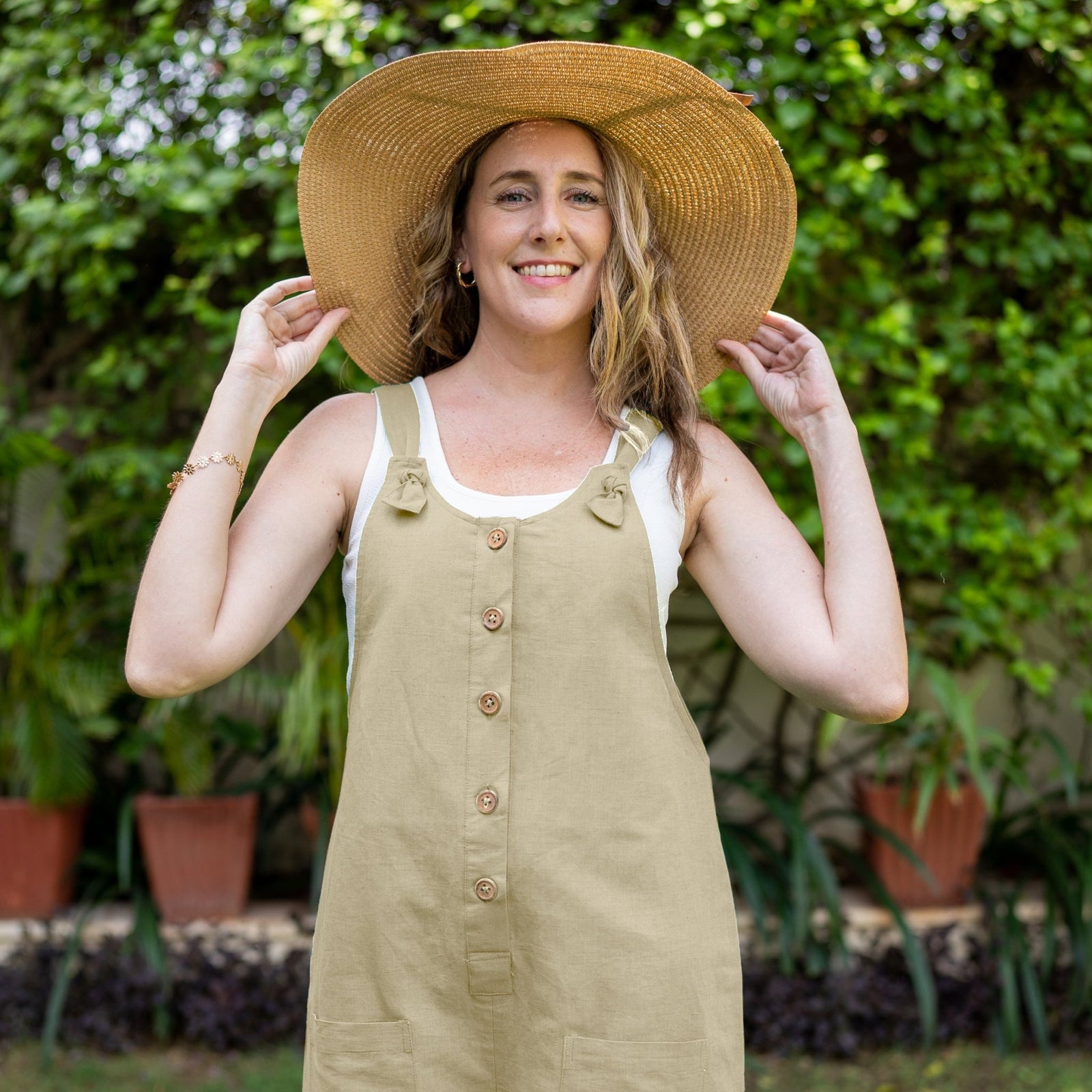 Beige Cotton Linen Dungaree Playsuit Custom Size (Free) / Custom Height (Free)