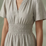 Beige Cotton Linen Elasticated Short Tier Dress