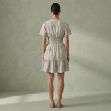 Beige Cotton Linen Elasticated Short Tier Dress