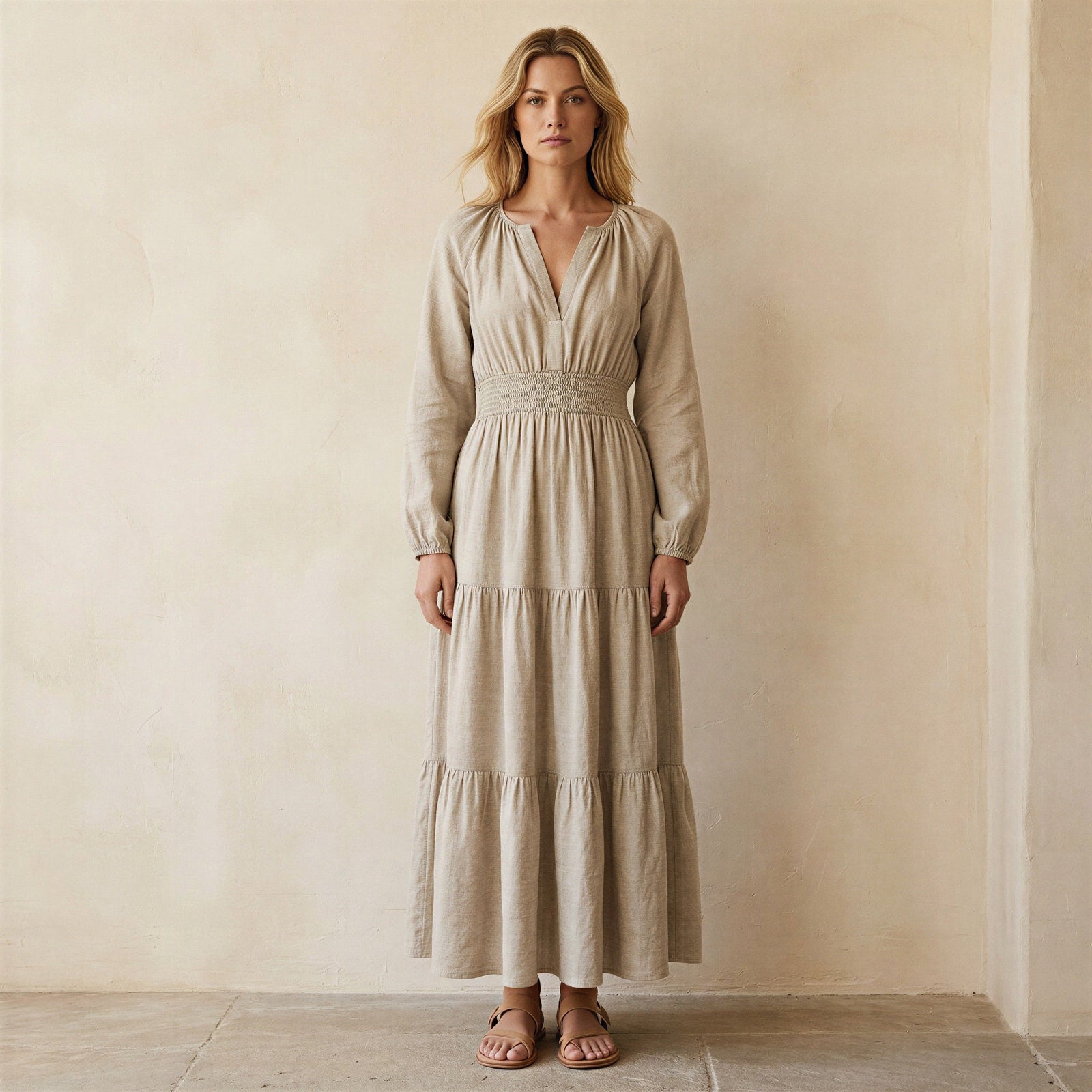 Beige Cotton Linen Fit and Flare Maxi Tier Dress 64