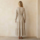 Beige Cotton Linen Fit and Flare Maxi Tier Dress