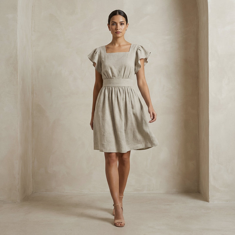 linen fit and flare dress Beige Cotton Linen Open-Back Fit and Flare Knee Length Dress 32" / Tall (5'7" and above)