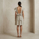 Beige Cotton Linen Open-Back Fit and Flare Knee Length Dress