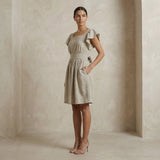 Beige Cotton Linen Open-Back Fit and Flare Knee Length Dress