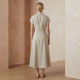 Beige Cotton Linen Paneled A-Line Midi Dress