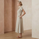 Beige Cotton Linen Paneled A-Line Midi Dress