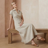 Beige Cotton Linen Paneled A-Line Midi Dress