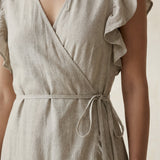 Beige Cotton Linen Ruffle Midi Wrap Dress