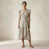 Beige Cotton Linen Ruffle Midi Wrap Dress