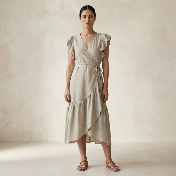 ruffled linen wrap midi dress Beige Cotton Linen Ruffle Midi Wrap Dress 42