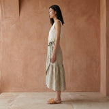 Beige Cotton Linen Ruffle Midi Wrap Skirt