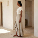 Beige Cotton Linen Ruffle-Slit A-Line Maxi Skirt