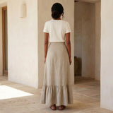 Beige Cotton Linen Ruffle-Slit A-Line Maxi Skirt