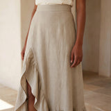 Beige Cotton Linen Ruffle-Slit A-Line Maxi Skirt