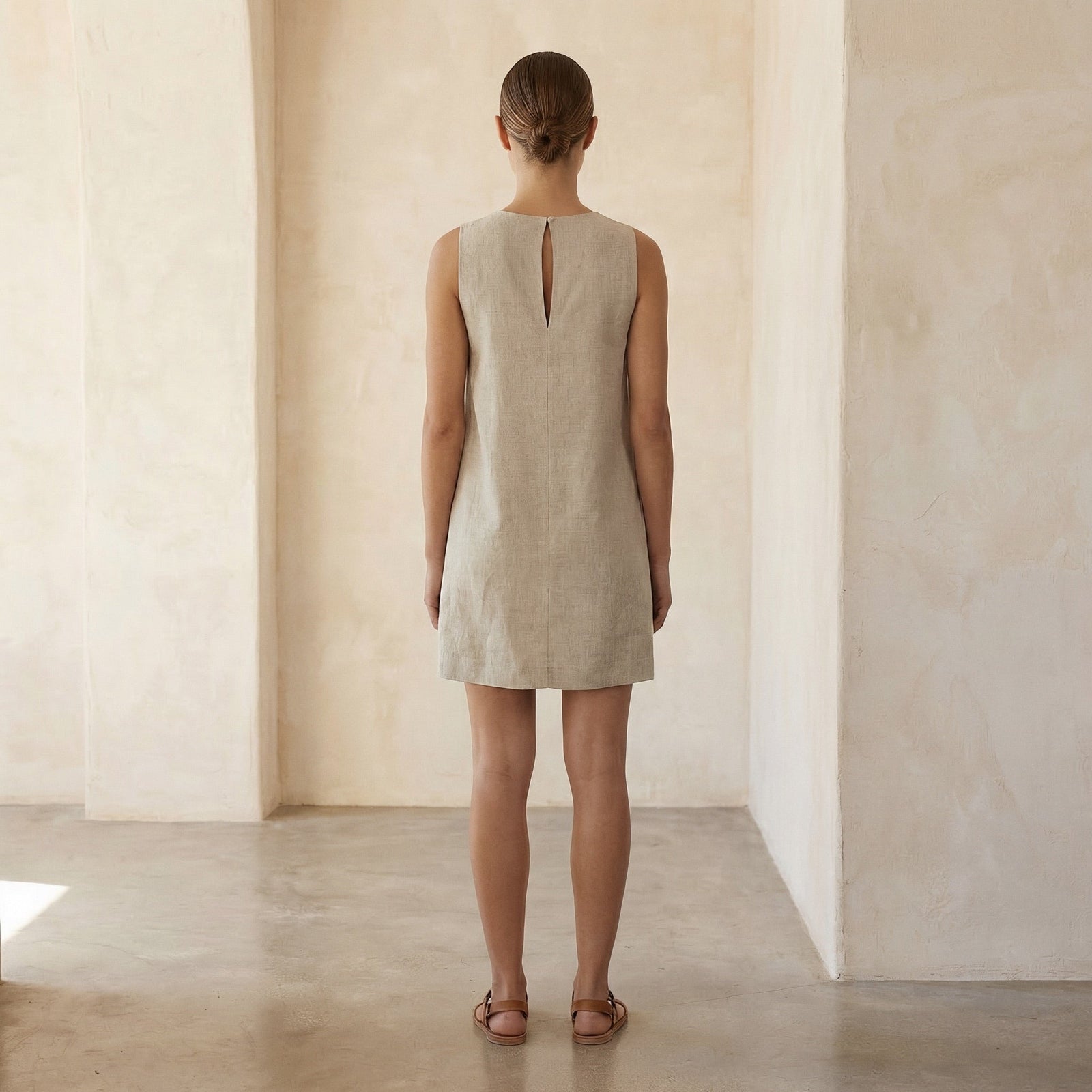 Beige Cotton Linen Sleeveless A-Line Short Shift Dress 46